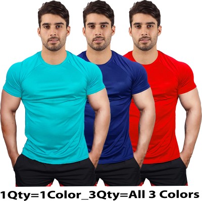 UDI n ADI Solid Men Round Neck Light Blue, Blue, Red T-Shirt