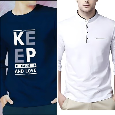 Oishee Printed Men Henley Neck Navy Blue, White T-Shirt