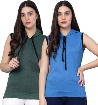 DIAZ Solid Women Hooded Neck Multicolor T-Shirt