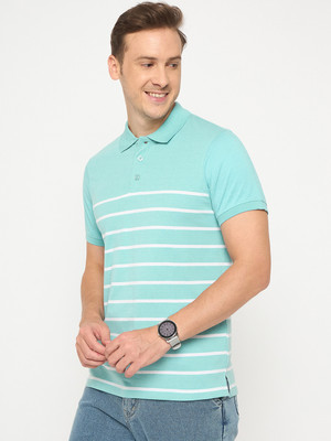 Auxamis Striped Men Polo Neck Light Blue T-Shirt