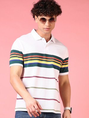 V-MART Striped Men Polo Neck White T-Shirt
