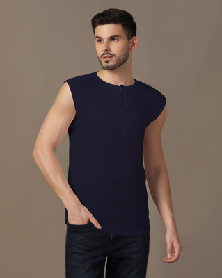 GEUM Solid Men Henley Neck Dark Blue T-Shirt