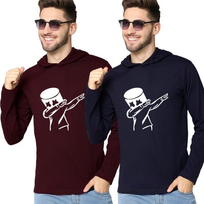 Azy Fabrics Typography Men Hooded Neck Maroon, Navy Blue T-Shirt