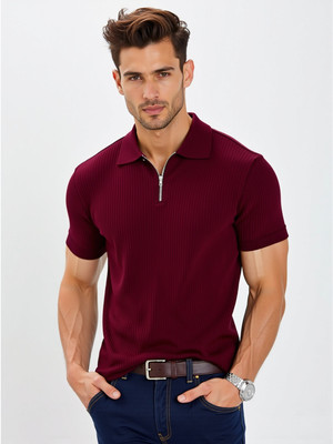 TeeWink Self Design Men Zip Neck Maroon T-Shirt