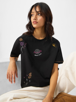 The Souled Store Embroidered Women Round Neck Black T-Shirt