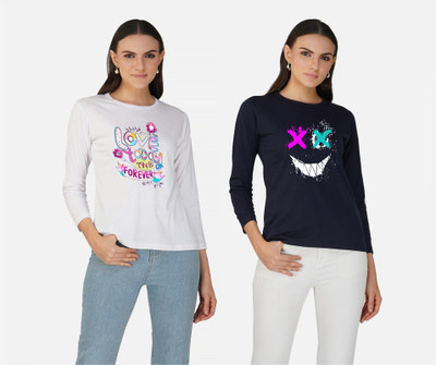 CHOZI Printed Women Round Neck White, Navy Blue T-Shirt