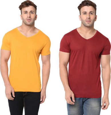 JB Jangoboy Solid Men V Neck Maroon, Yellow T-Shirt