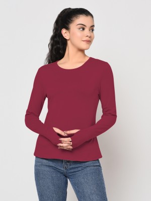 METRONAUT Solid Women Round Neck Maroon T-Shirt