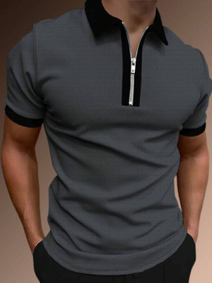 HPD Self Design Men Zip Neck Grey T-Shirt