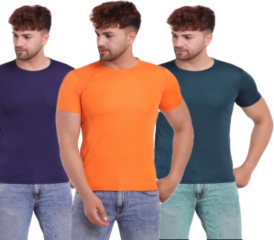 KASPY Solid Men Round Neck Dark Blue, Orange, Navy Blue T-Shirt