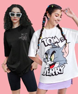 TOM AND JERRY by DreamBe Printed Women Round Neck White, Black T-Shirt