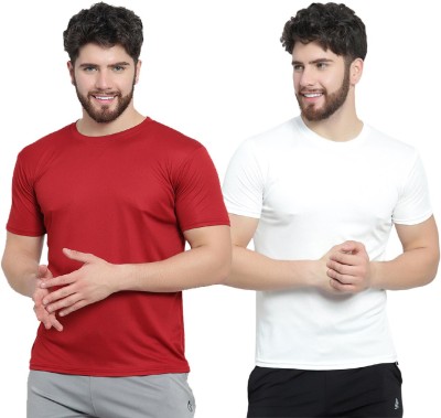 MARIAM ENTERPRISE Solid Men Round Neck Maroon, White T-Shirt