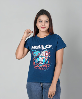 Fashav Printed Women Round Neck Reversible Dark Blue T-Shirt