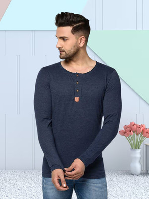 GLITO Solid Men Round Neck Blue T-Shirt