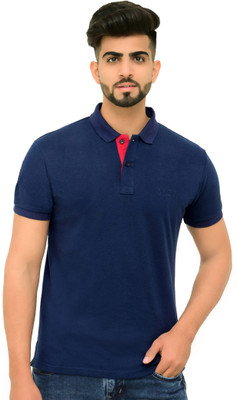 3BROS Solid Men Polo Neck Navy Blue T-Shirt