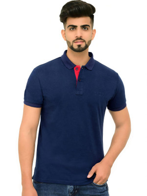 3BROS Solid Men Polo Neck Navy Blue T-Shirt