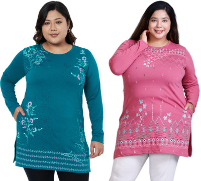 Star Touch Graphic Print Women Round Neck Dark Green, Pink T-Shirt