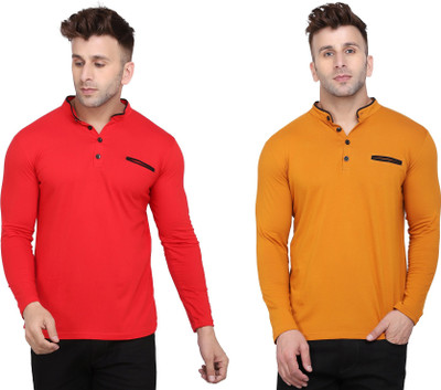 Blisstone Solid Men Mandarin Collar Red, Yellow T-Shirt