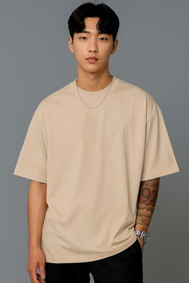 JUGULAR Solid Men Round Neck Beige T-Shirt