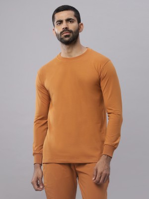 N AND J Solid Men Round Neck Orange T-Shirt