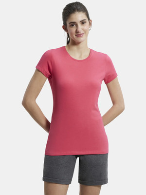 JOCKEY Solid Women Round Neck Pink T-Shirt