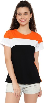 DEEPMAYRA COLLECTION Colorblock Women Round Neck White, Black, Orange T-Shirt