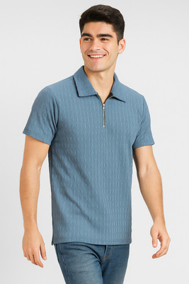 Ajmir Style Hub Self Design Men Polo Neck Light Blue T-Shirt