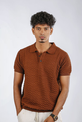 TITOO CLOTHING Self Design, Solid Men Polo Neck Brown T-Shirt