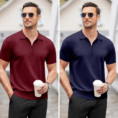 NTIFIC Self Design Men Polo Neck Maroon, Dark Blue T-Shirt