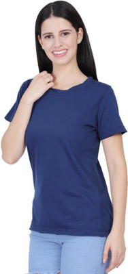 CLOTHINK India Solid Women Round Neck Dark Blue T-Shirt