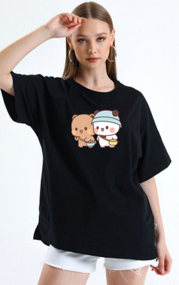 Brokee Graphic Print, Cartoon Women Round Neck Black T-Shirt