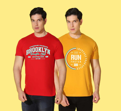 WOOSTRO Printed Men Round Neck Red, Yellow T-Shirt