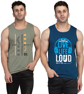 SLOWLORIS Printed Men Scoop Neck Dark Blue, Light Green T-Shirt