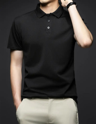 MIVAAN Solid Men Polo Neck Black T-Shirt