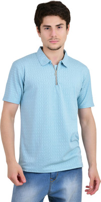 KEOTI Solid Men Zip Neck Light Blue T-Shirt