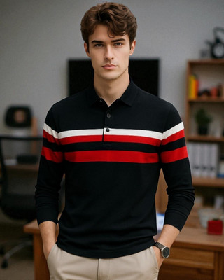 FASHIUM Colorblock Men Polo Neck Black T-Shirt