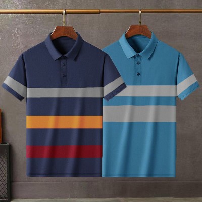 Try This Striped Men Polo Neck Blue, Light Green T-Shirt