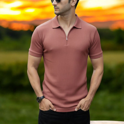 The Stanch Self Design Men Polo Neck Pink T-Shirt