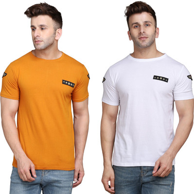 Lawful Casual Solid Men Round Neck Gold, White T-Shirt