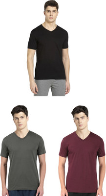 JOCKEY Solid Men V Neck Black, Dark Green, Maroon T-Shirt