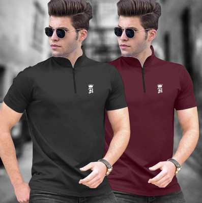 FastColors Solid Men Zip Neck Black, Maroon T-Shirt