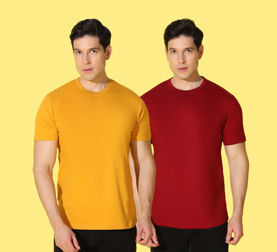 WOOSTRO Solid Men Round Neck Red, Yellow T-Shirt