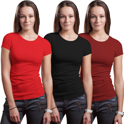 Stylewill Solid Women Round Neck Red, Black, Maroon T-Shirt