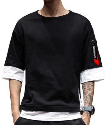 HIGHLANCETSHIRT Colorblock Men Round Neck Black T-Shirt