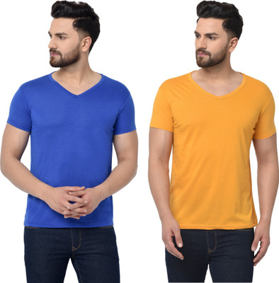 Tresna Trending Solid Men V Neck Blue, Yellow T-Shirt