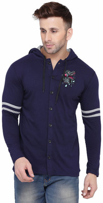 BEYOU FASHION Printed Men Hooded Neck Dark Blue T-Shirt