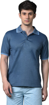 Ocelorix Solid Men Polo Neck Navy Blue T-Shirt