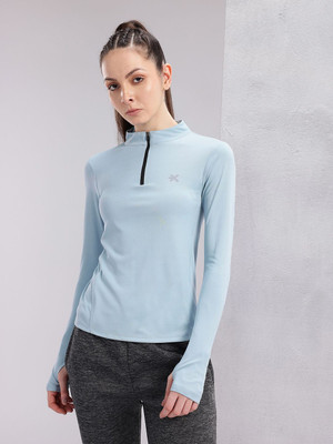 HRX by Hrithik Roshan Solid Women Zip Neck Blue T-Shirt