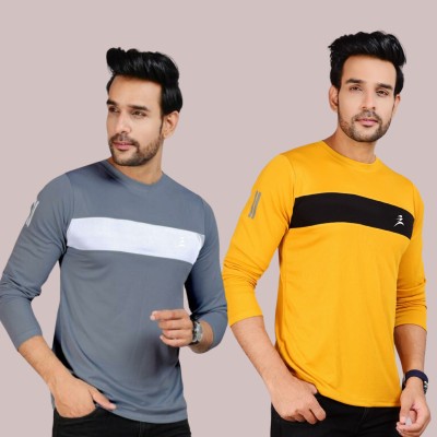 FICKA Solid Men Round Neck Grey, Yellow T-Shirt