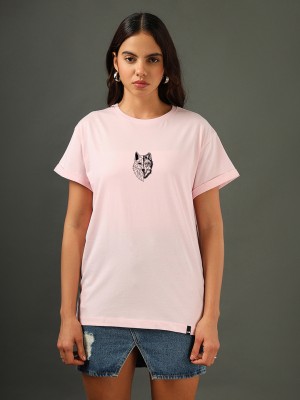 BEWAKOOF Printed Women Round Neck Pink T-Shirt